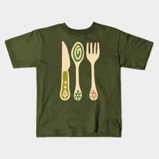 CUTLERY Retro Vintage Kitchen Utensils Knife Spoon Fork in Olive Brown and Green - UnBlink Studio by Jackie Tahara Kids T-Shirt